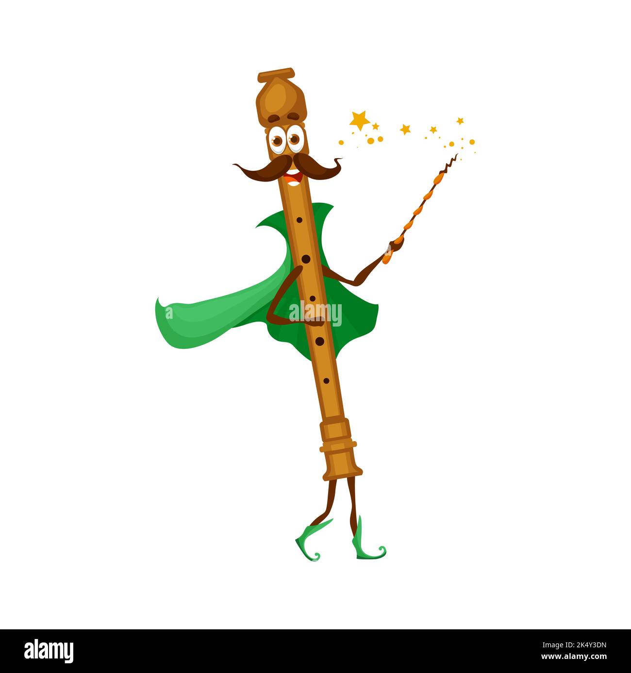 Cartoon flute mage character. Isolated vector musical wind instrument