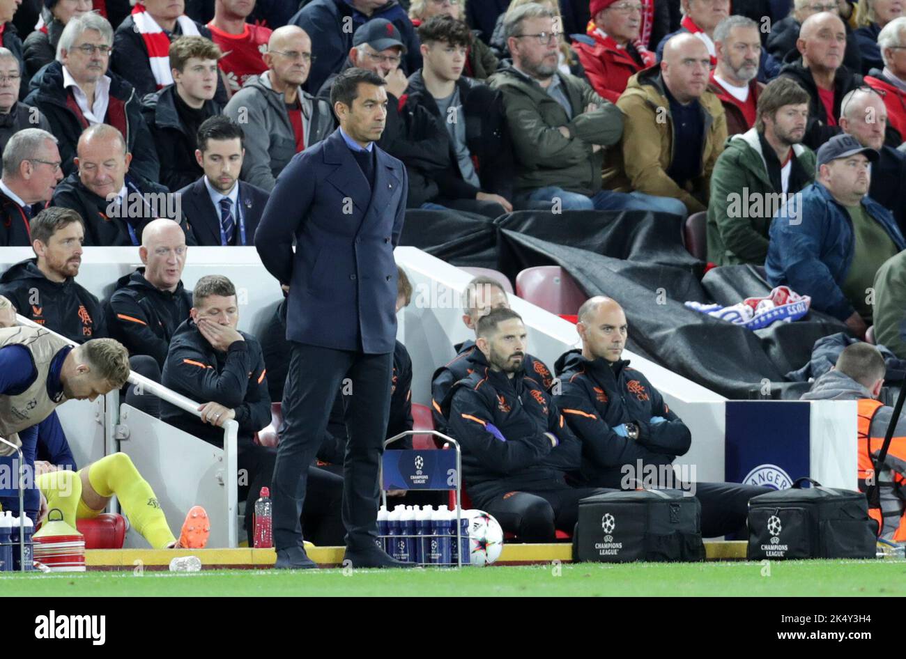 Anfield, Liverpool, UK. 4th Oct, 2022. Champions League football, Liverpool versus Rangers FC; Rangers manager Giovanni van Bronckhorst follows the action from the touchline Credit: Action Plus Sports/Alamy Live News Stock Photo