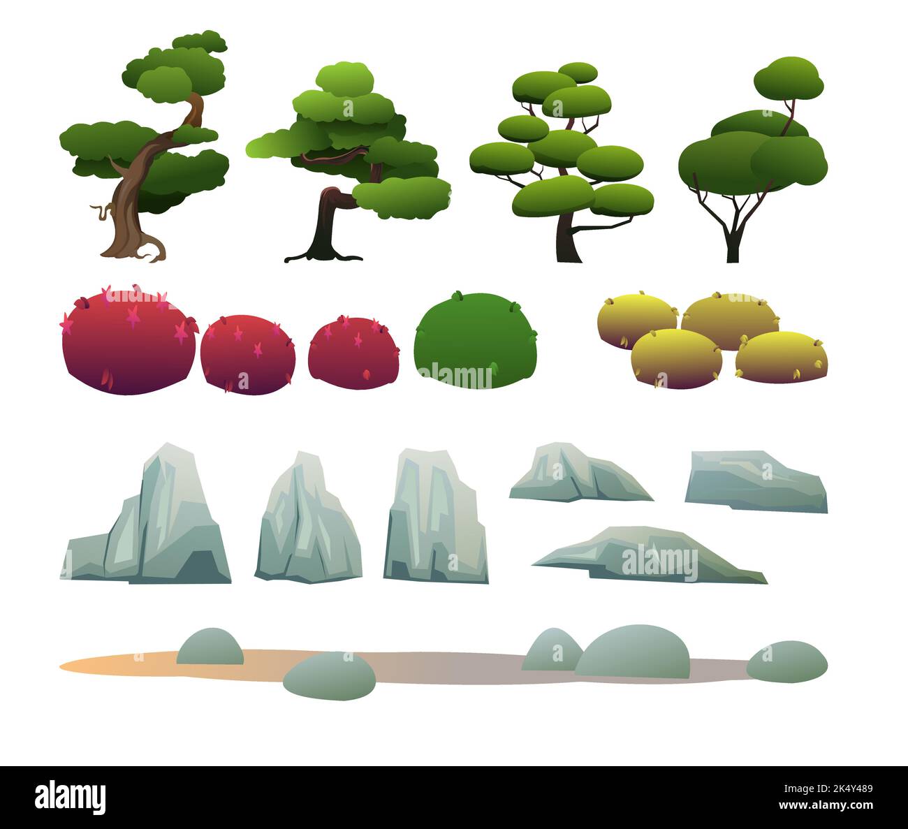 Set of object Japanese garden and flower bed with small trees, stones