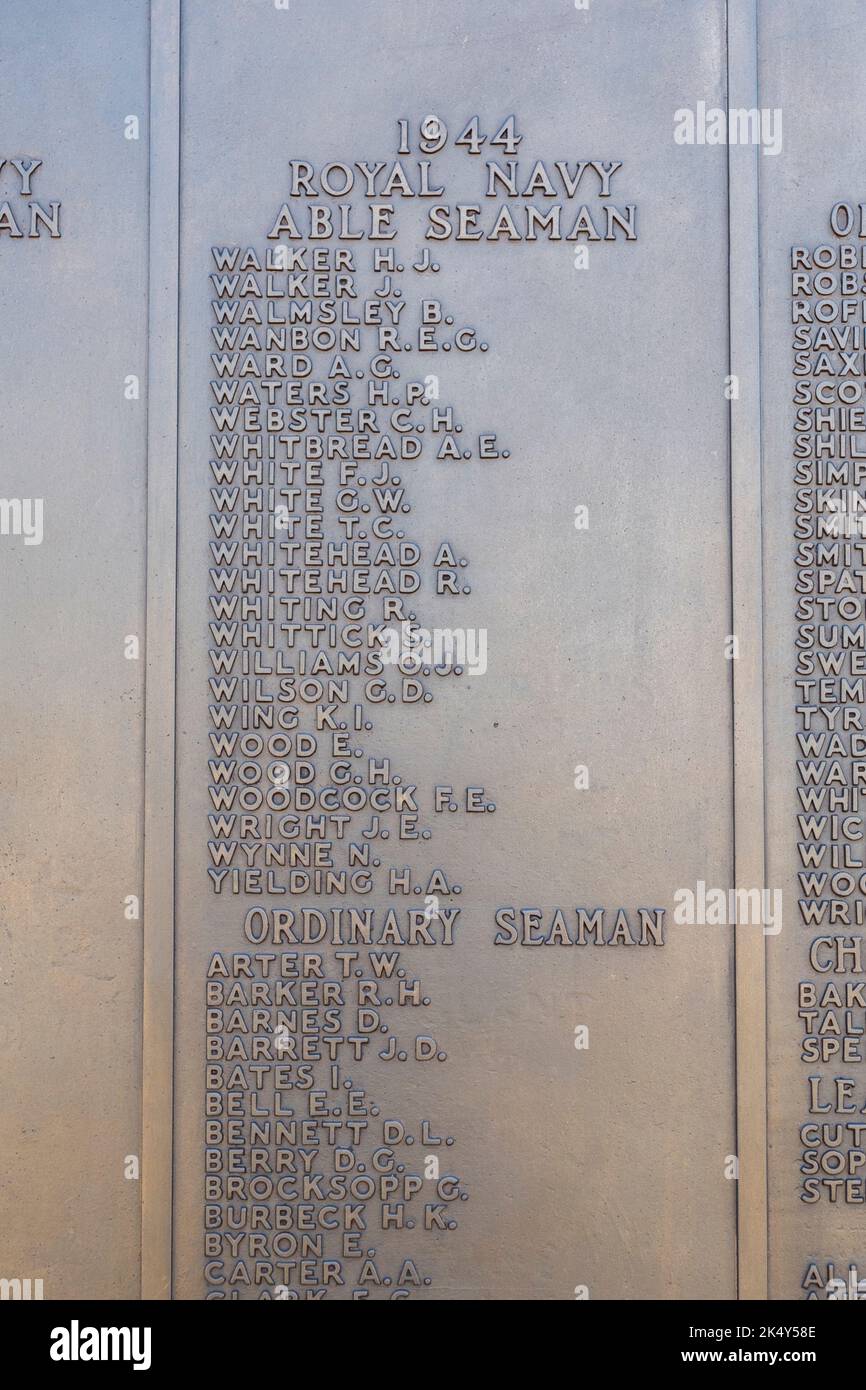 Memorial plaques on the walls of Chatham Naval Memorial, Chatham, Kent