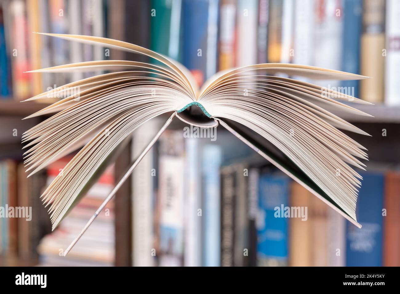 Flying open book in library Stock Photo