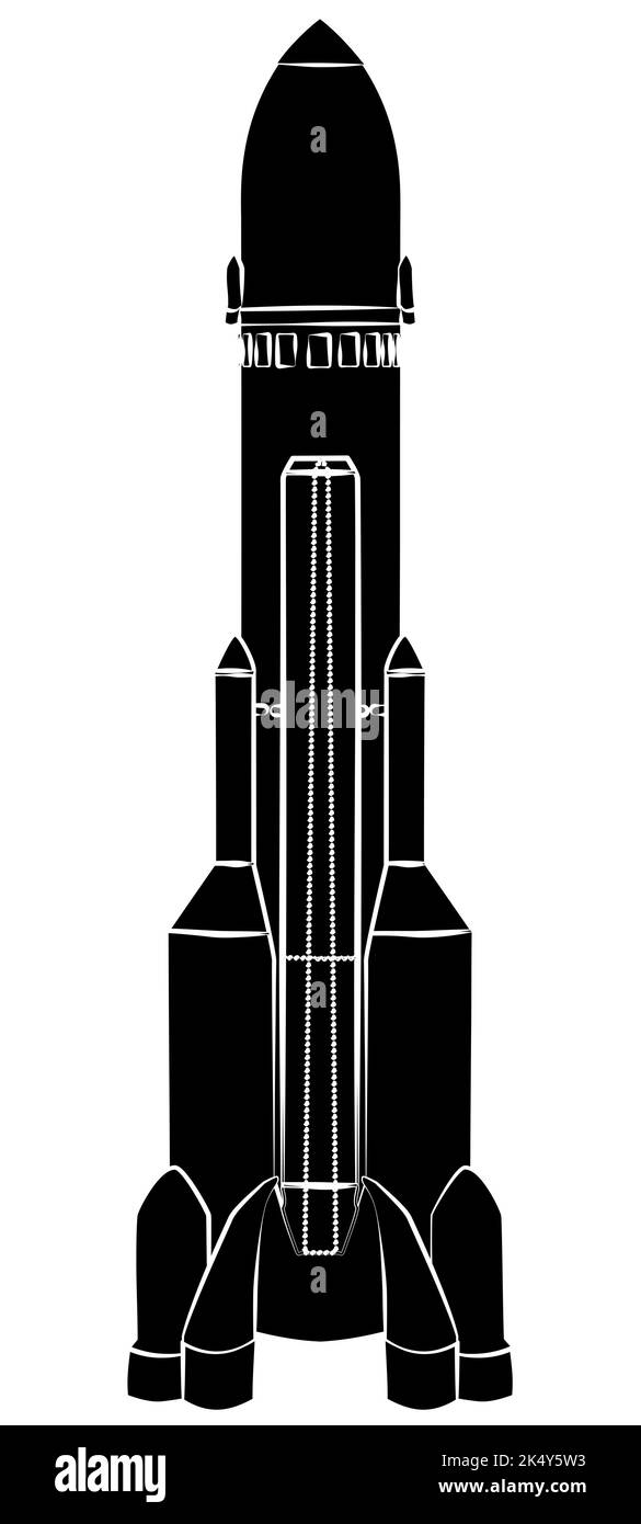 Black silhouette space rocket with elongated body isolated on white. Vector design element. Stock Vector