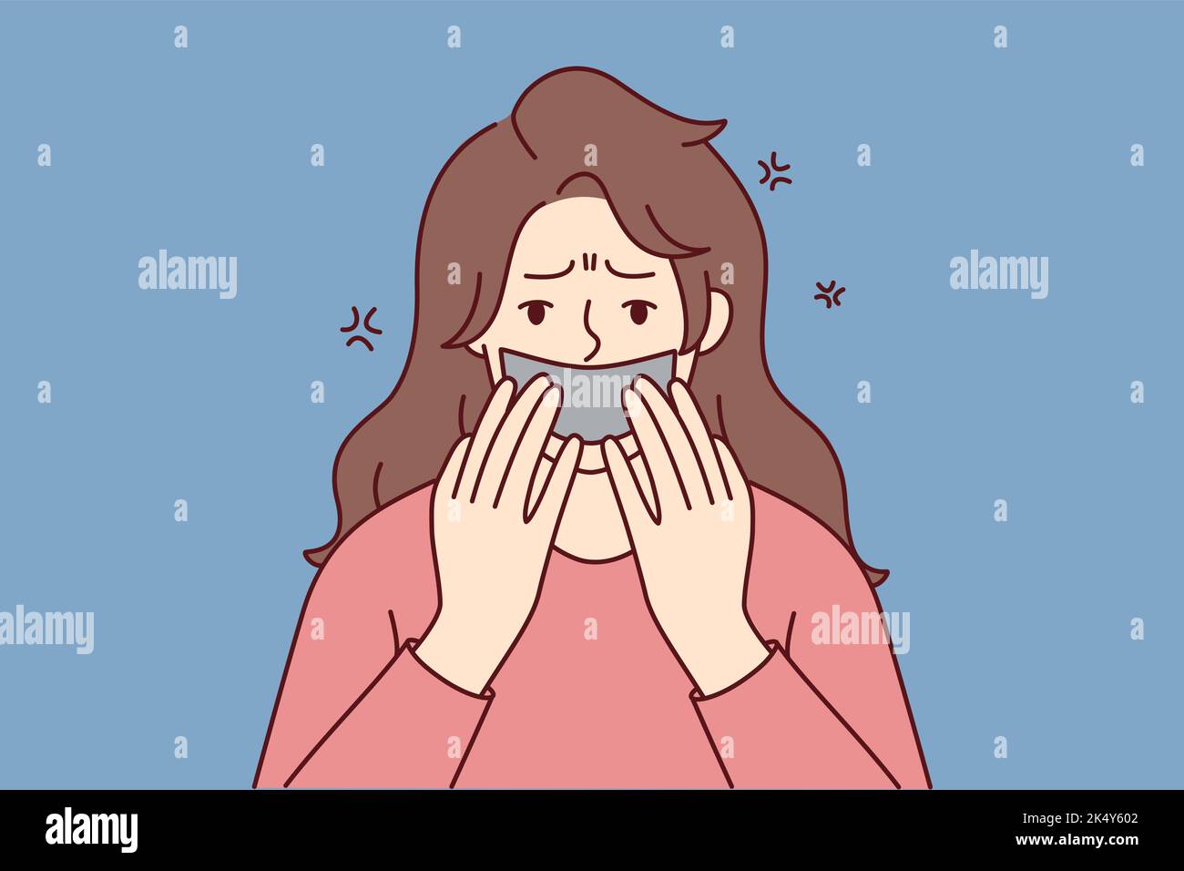 Scared young woman with tape on mouth suffer from speech censorship. Terrified female have freedom of speech limitation. Discrimination and harassment. Vector illustration.  Stock Vector