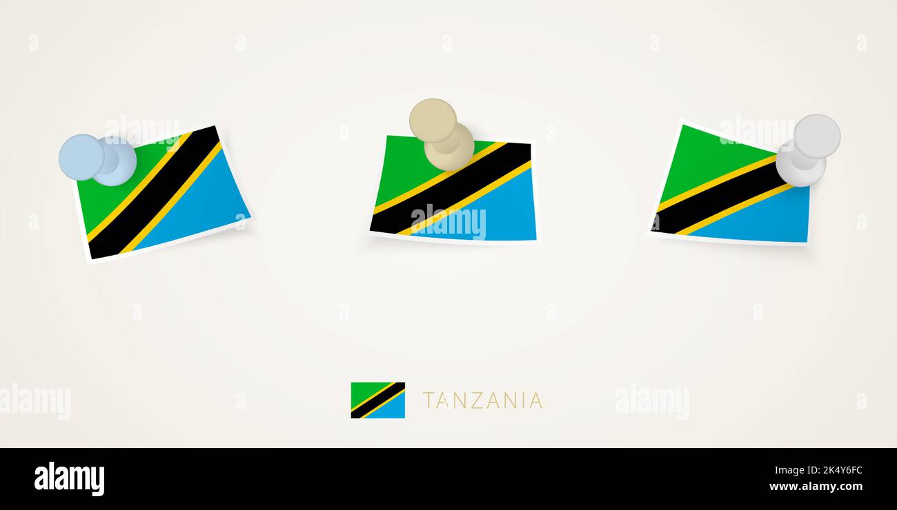 Pinned flag of Tanzania in different shapes with twisted corners. Vector pushpins top view. Flag set. Stock Vector