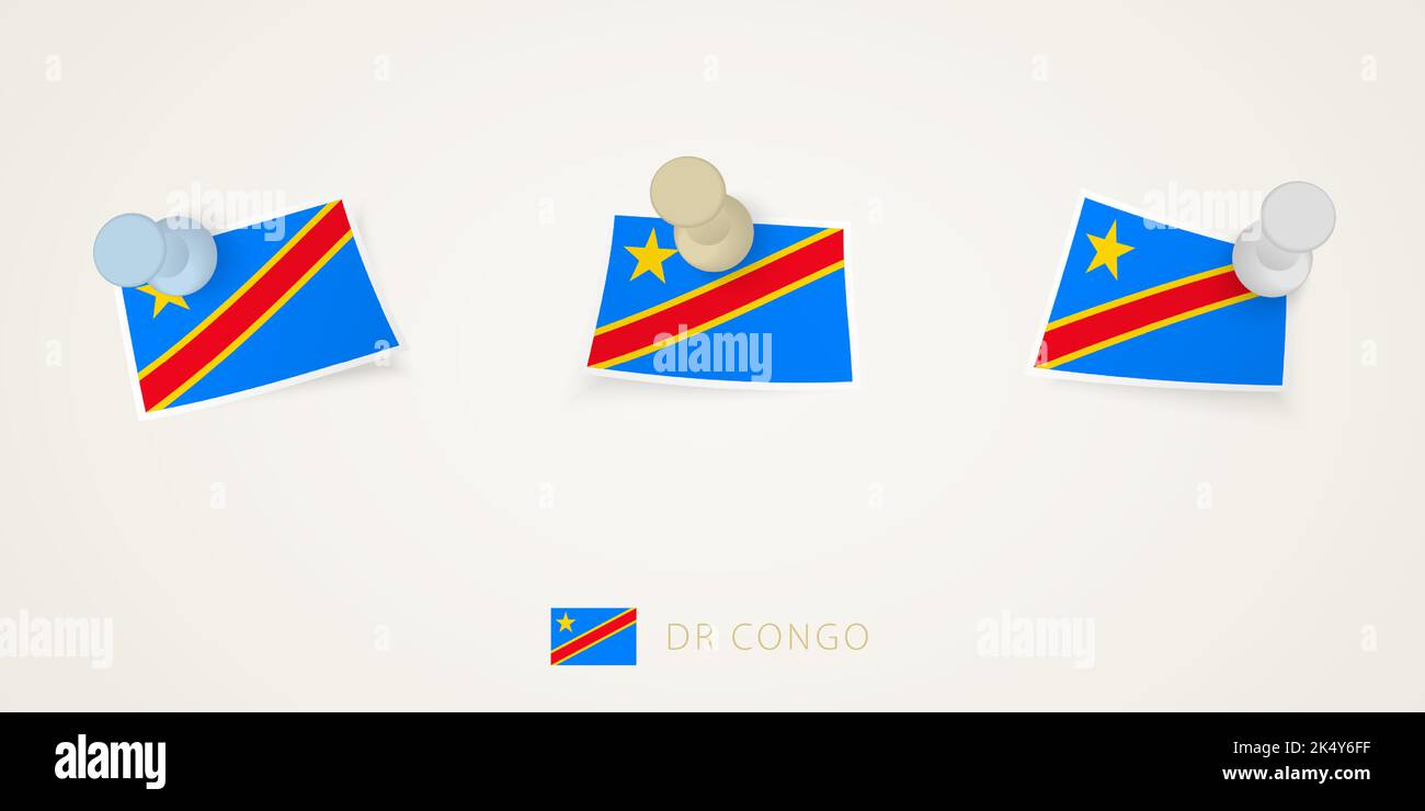 Pinned flag of DR Congo in different shapes with twisted corners. Vector pushpins top view. Flag set. Stock Vector