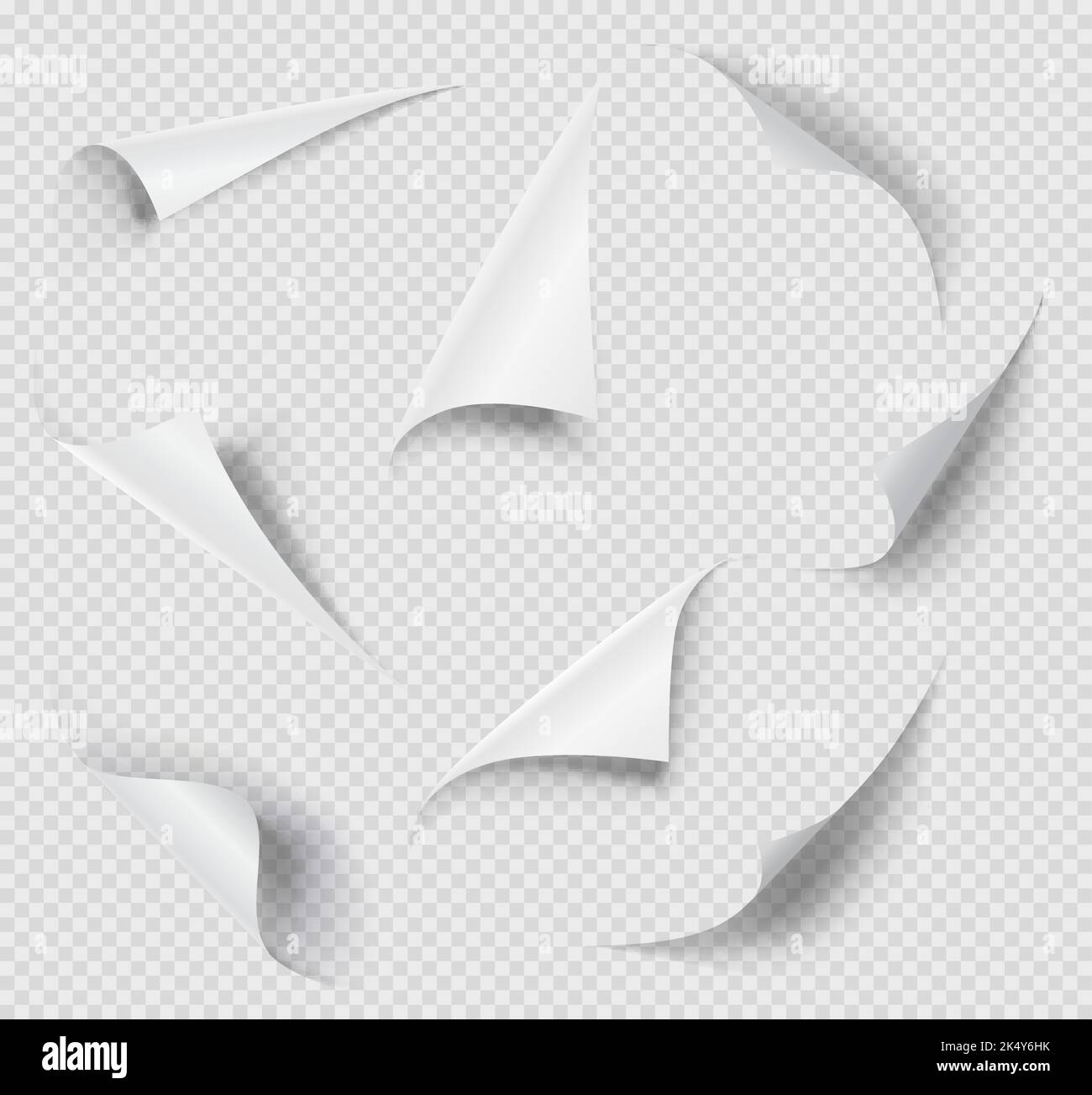 Paper page corners, sheet curly folds and sticker corner turn flips