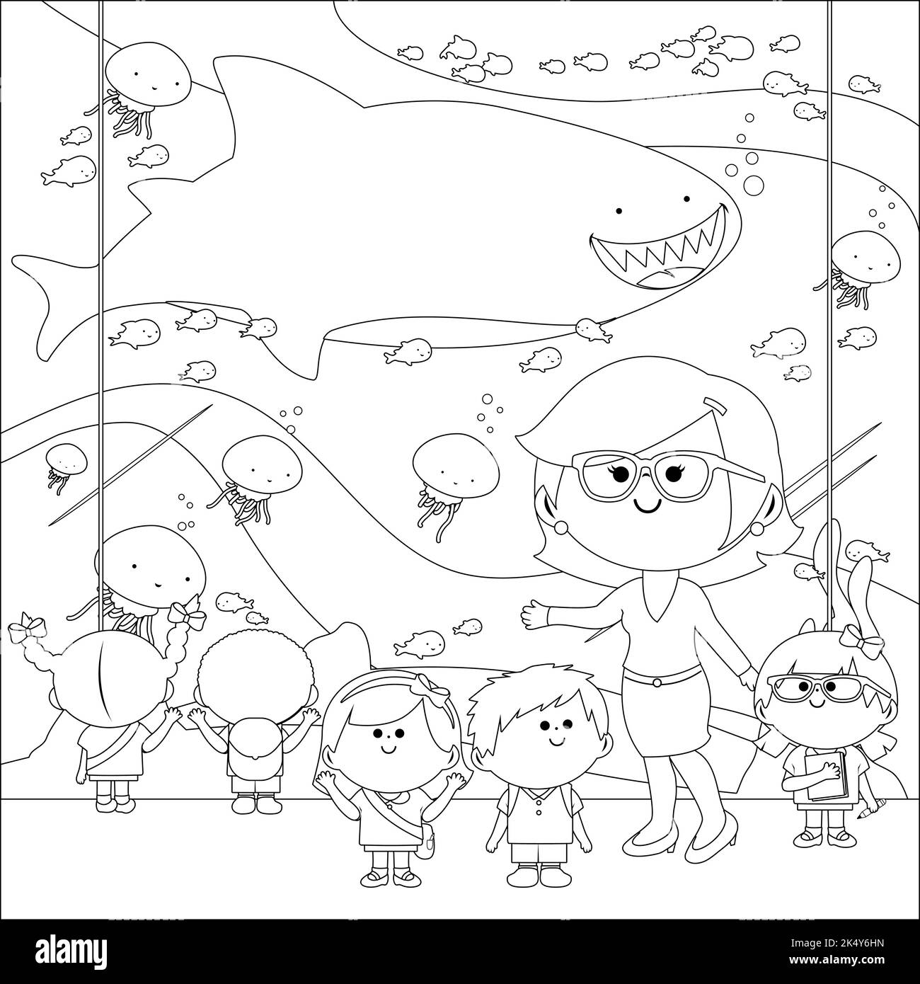 Students visiting the aquarium. Vector black and white coloring page