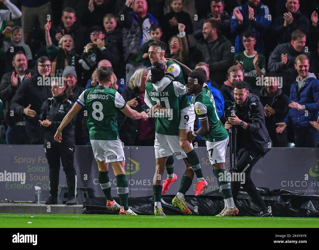 GOAL 10 Plymouth Argyle forward Ryan Hardie (9) celebrates a goal with his teammates during the