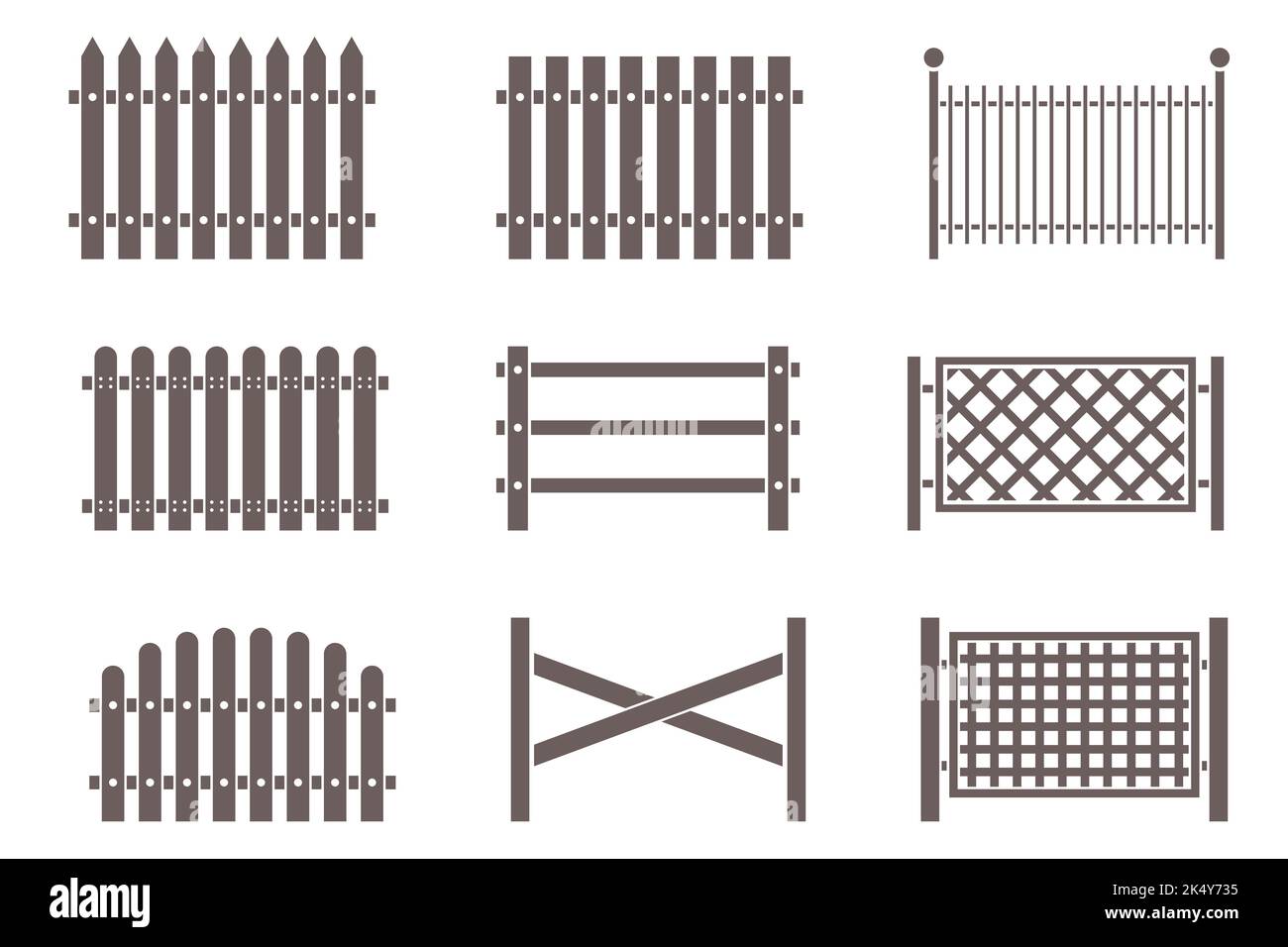 Rural wooden fences silhouettes set for park, yard farm and garden. Vector illustration Stock Vector