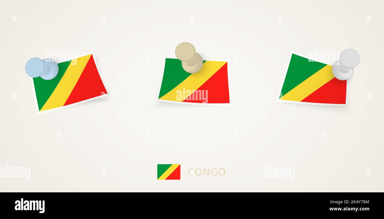 Pinned flag of Congo in different shapes with twisted corners. Vector pushpins top view. Flag set. Stock Vector