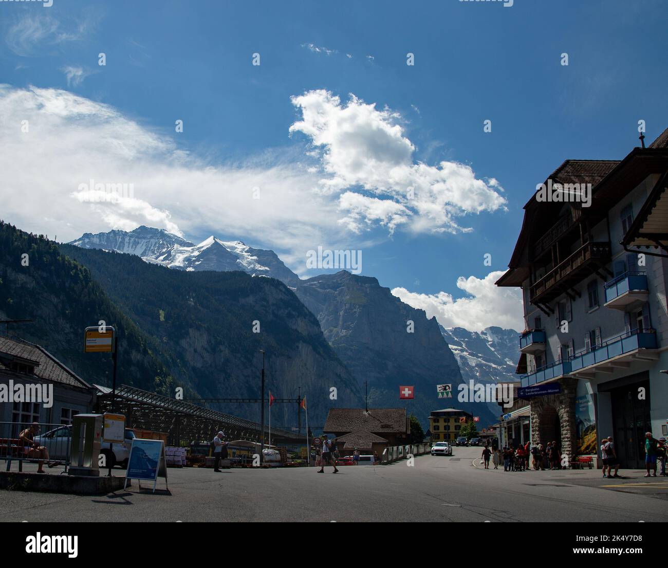City of Lauterbrunnen Switzerland with its mountains in the background. Stock Photo