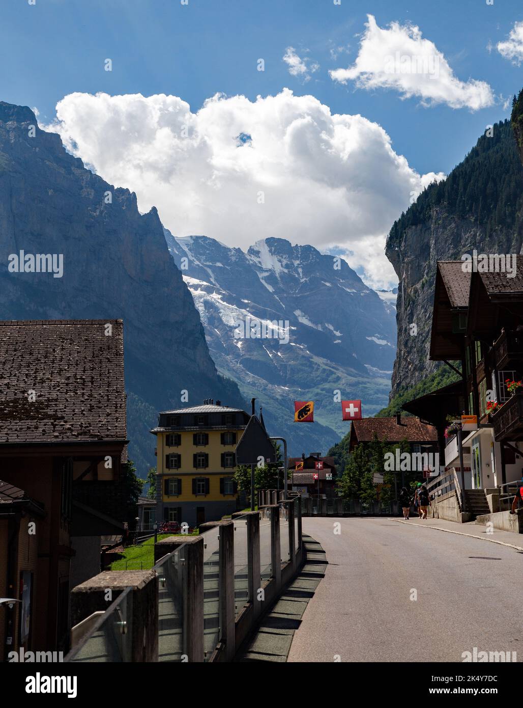 City of Lauterbrunnen Switzerland with its mountains in the background. Stock Photo