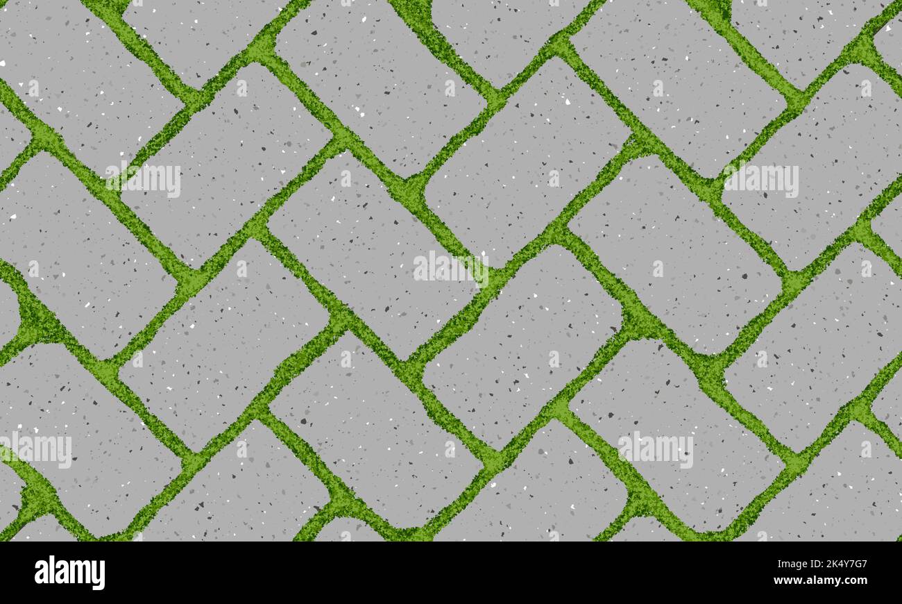 Seamless pattern of old pavement with moss and herringbone textured bricks Stock Vector