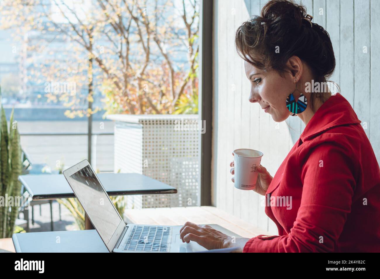 young caucasian business woman, sitting in a coffee shop with her laptop analyzing financial graphs, looking at the computer and with a cup of coffee Stock Photo