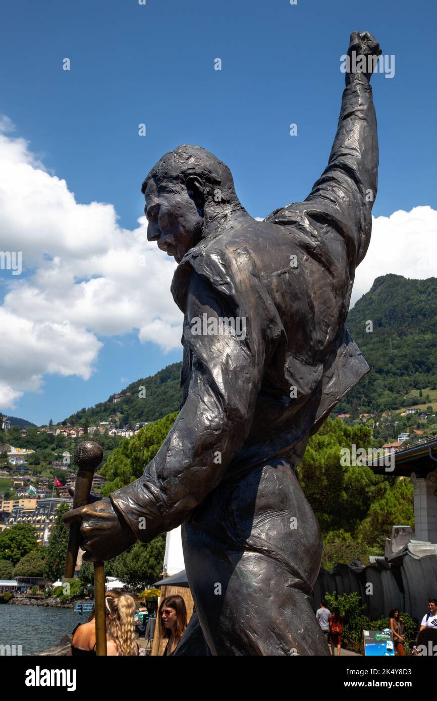 Side view of the statue of Freddie Mercury on Lake Geneva Montreux