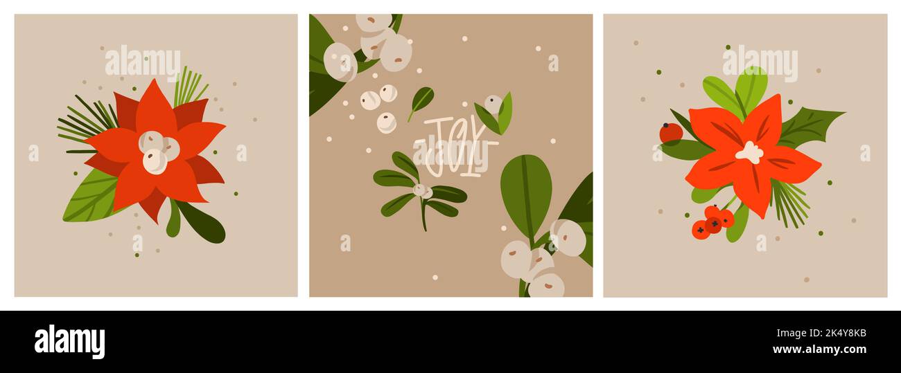 Hand drawn vector abstract graphic Merry Christmas and Happy new year clipart illustrations greeting card set with flowers and leaves.Merry Christmas Stock Vector