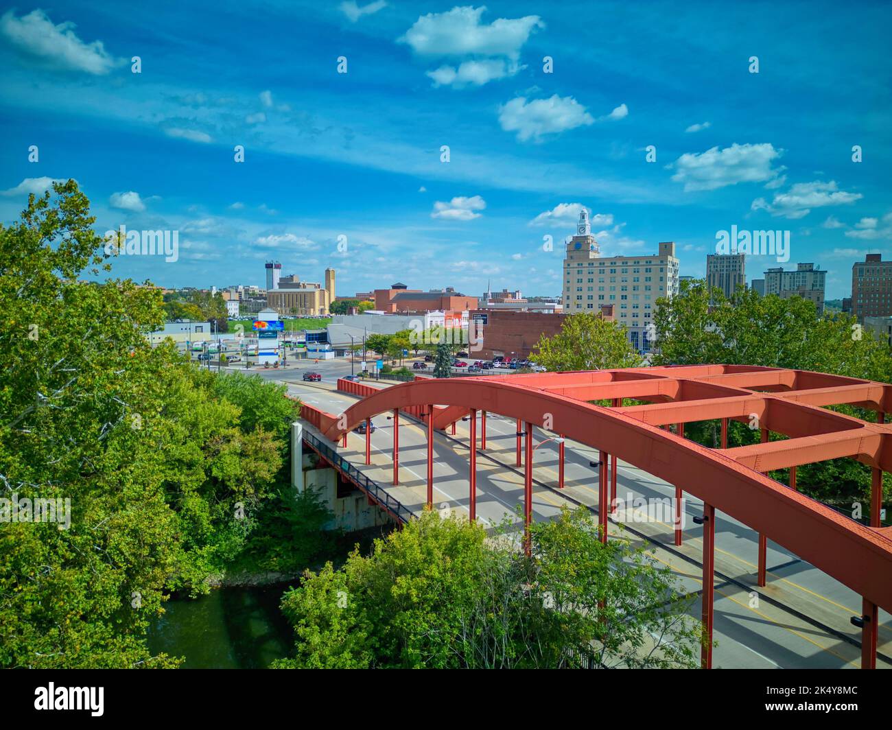An aerial view of downtown Youngstown, Ohio seen from the perspective of the Mahoning Ave Bridge Stock Photo