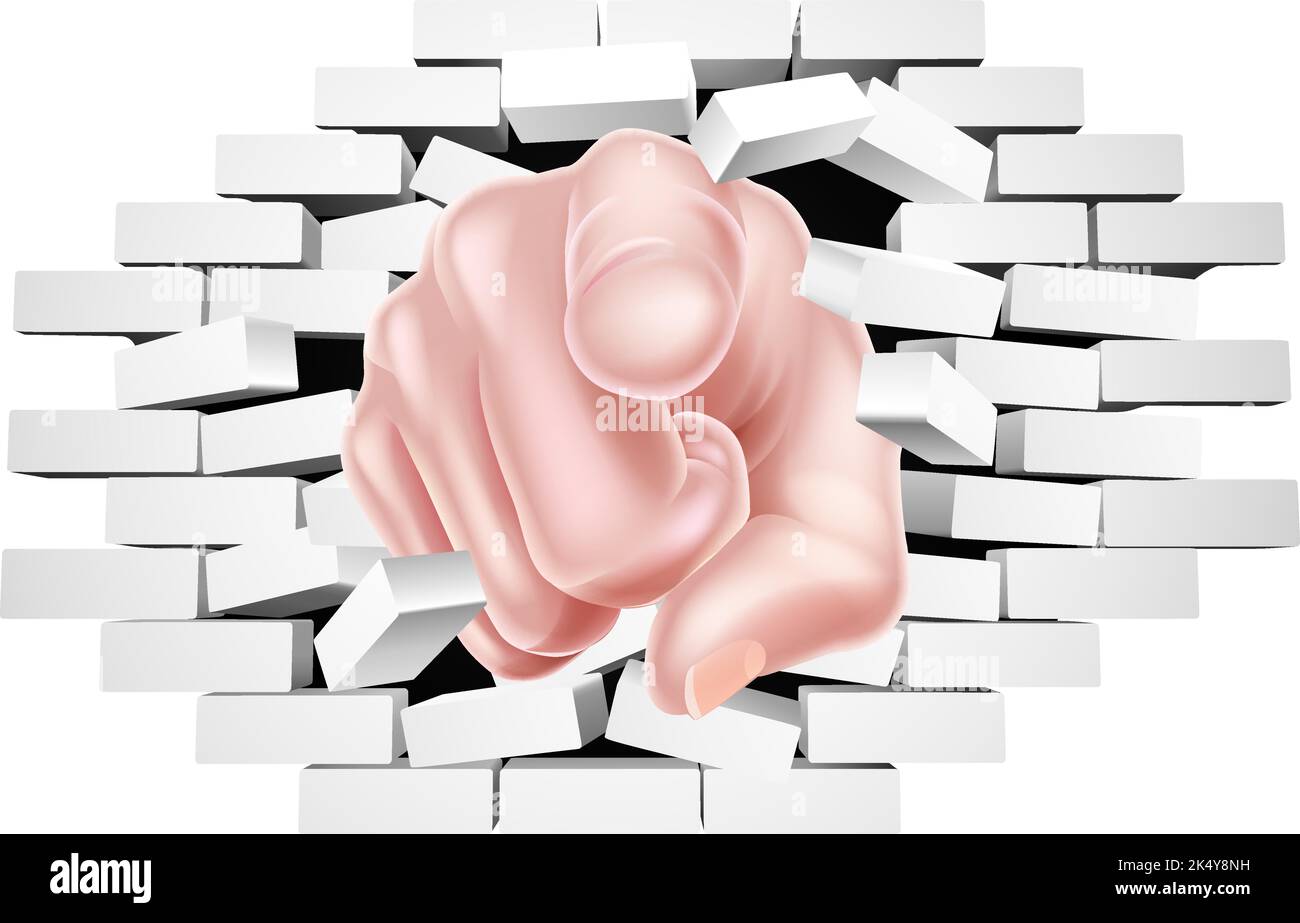 Pointing Hand Breaking White Brick Wall Stock Vector