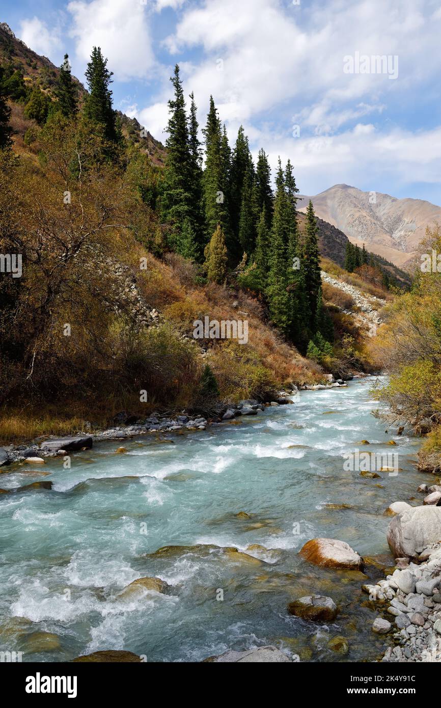 Ak Sai Valley Autumn Landscape River And View On High Peaks Of Tian