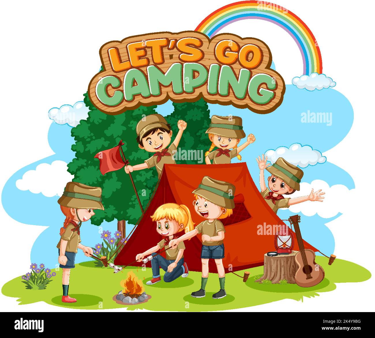 Camping Kids And Text Design For Word Lets Go Camping Illustration