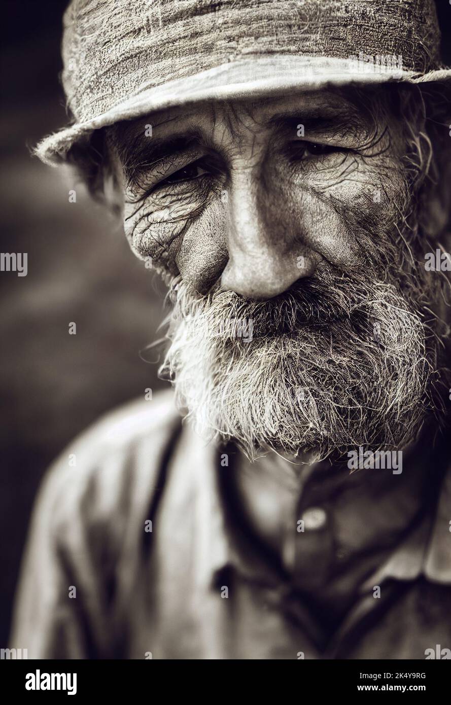 Computer-generated AI image of an old man (farmhand) - no model release required. Stock Photo