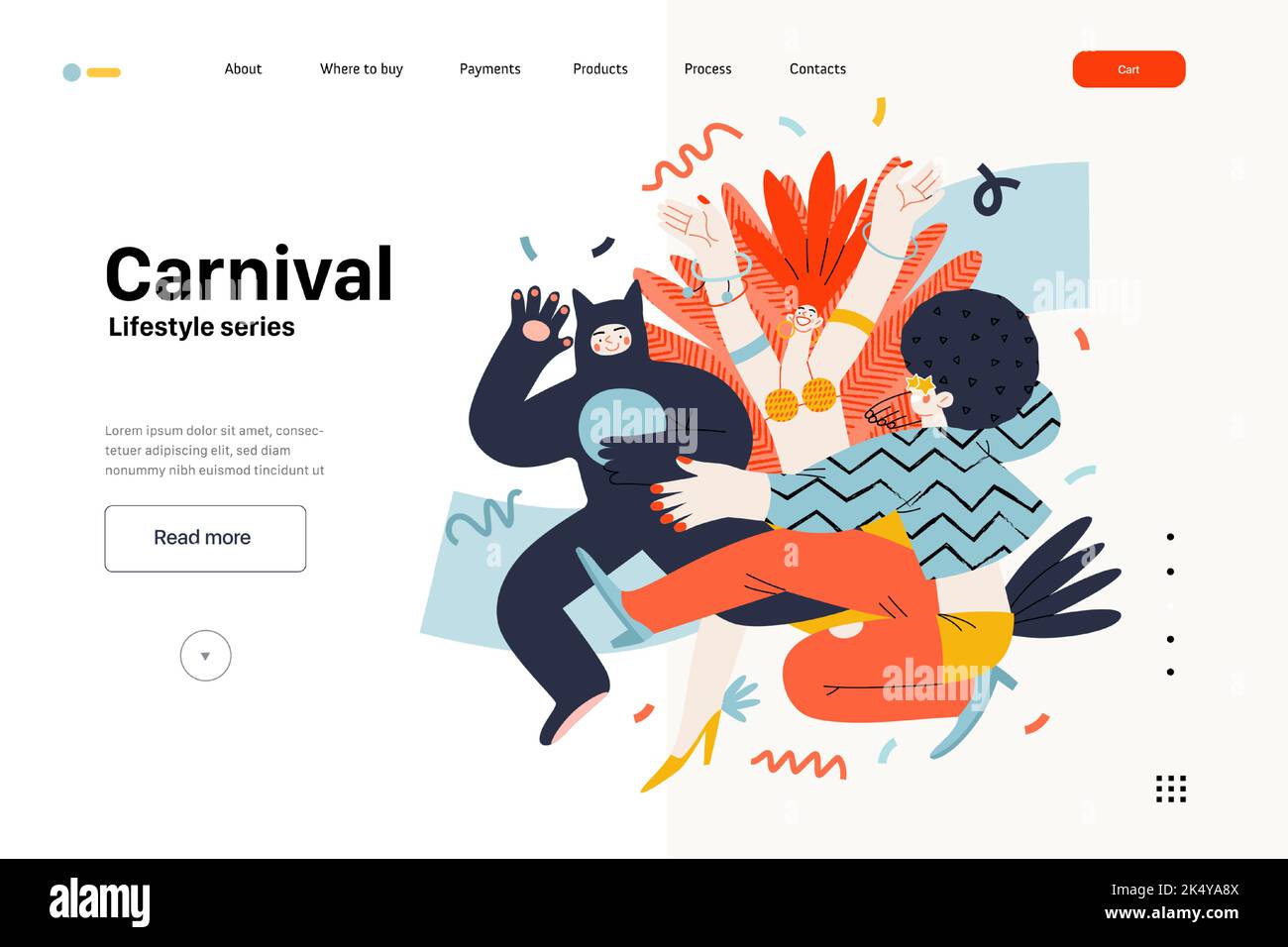 Lifestyle web template - Carnival - modern flat vector illustration of masked people dancing together, taking part in the costume carnival procession. Stock Vector