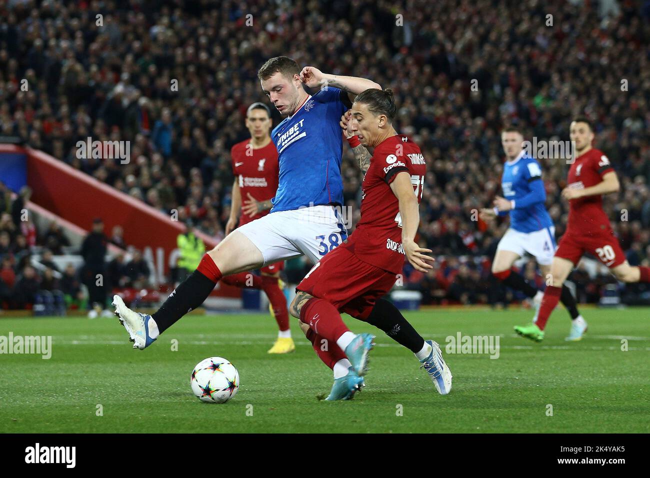 Liverpool, UK. 04th Oct, 2022. Leon King of Rangers (l) tackles Kostas