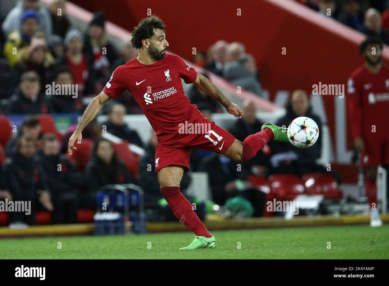 Liverpool, UK. 04th Oct, 2022. Mohamed Salah of Liverpool in action. UEFA Champions league, group A match, Liverpool v Rangers at Anfield Stadium in Liverpool on Tuesday 4th October 2022. this image may only be used for Editorial purposes. Editorial use only, license required for commercial use. No use in betting, games or a single club/league/player publications. pic by Chris Stading/Andrew Orchard sports photography/Alamy Live news Credit: Andrew Orchard sports photography/Alamy Live News Stock Photo