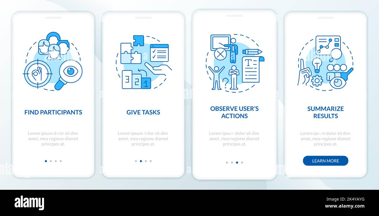 Usability testing tasks blue onboarding mobile app screen Stock Vector