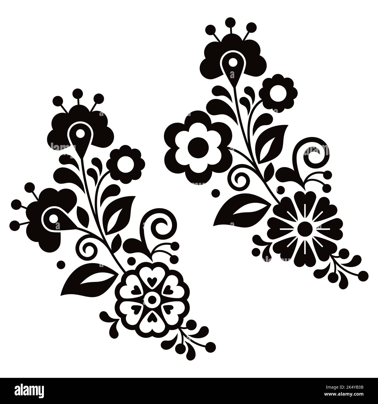 Mexican folk art style vector floral pattern set of two, black and ...