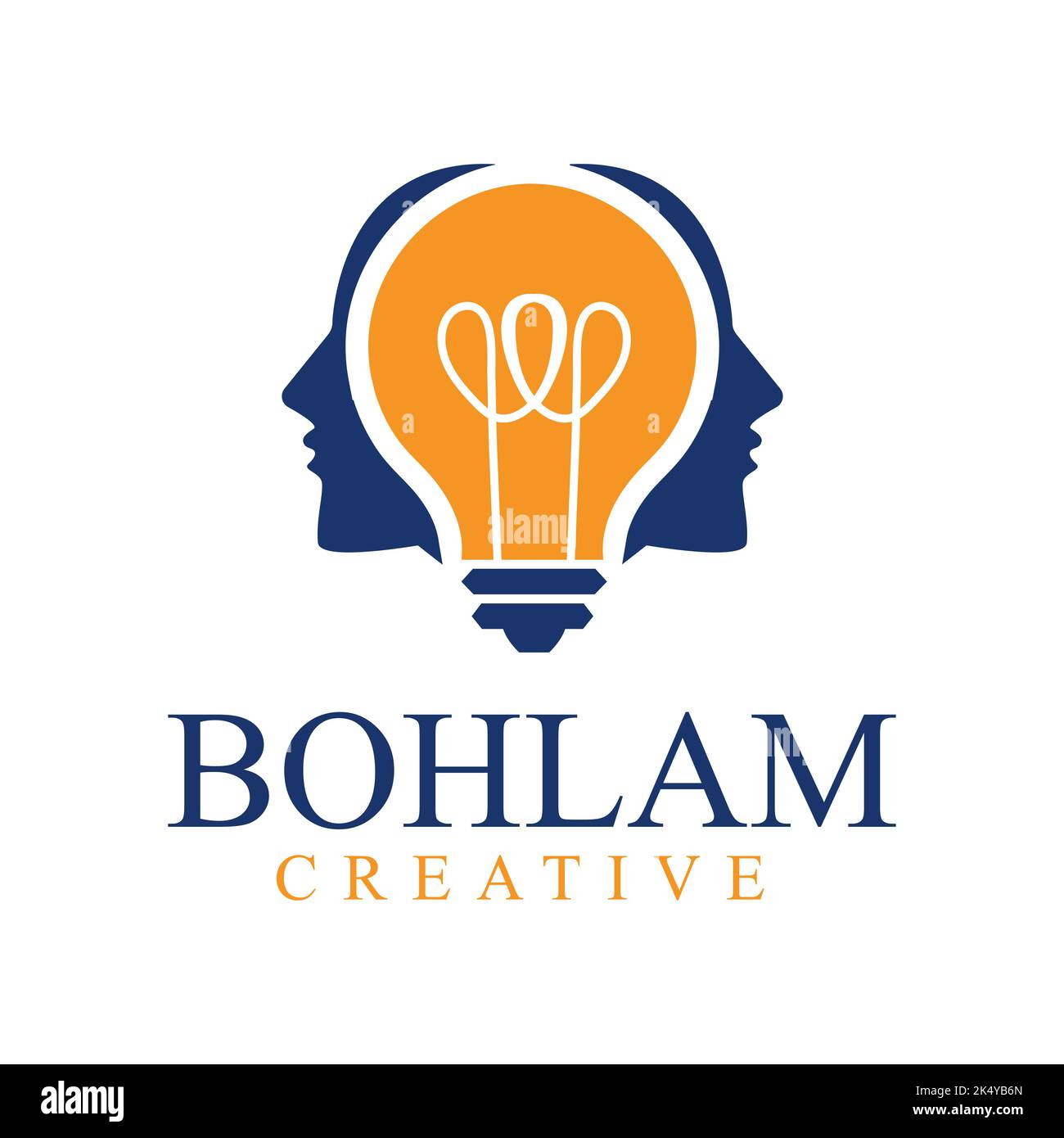Two men face with light bulb at the center logo identity. Human creativity company logotype icon template concept. design graphic vector illustration Stock Vector