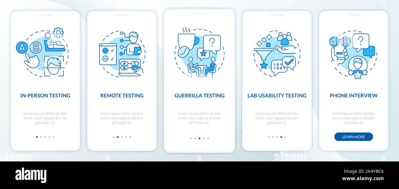 Usability testing methods blue onboarding mobile app screen Stock Vector