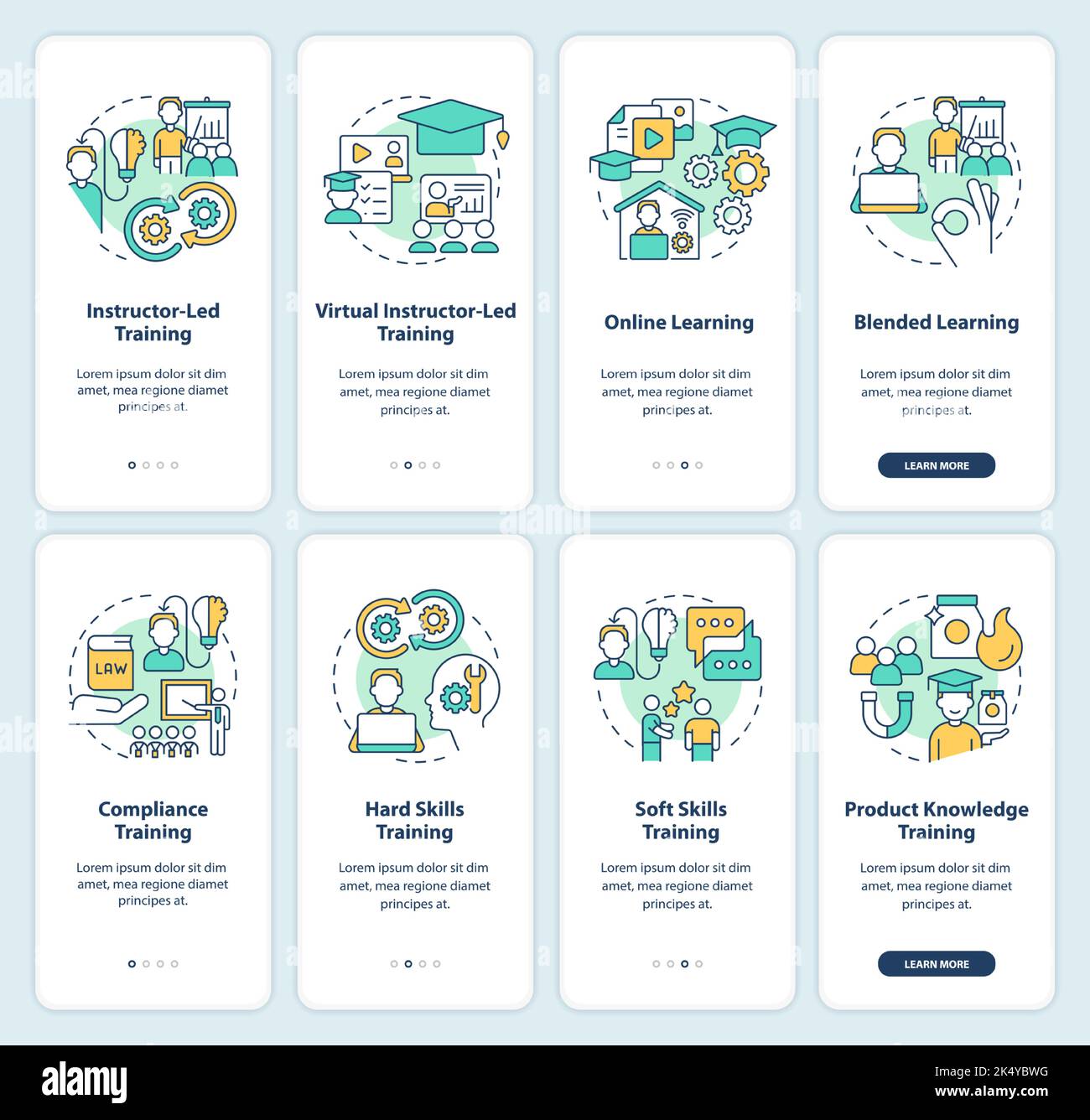 Corporate training programs onboarding mobile app screen set Stock Vector