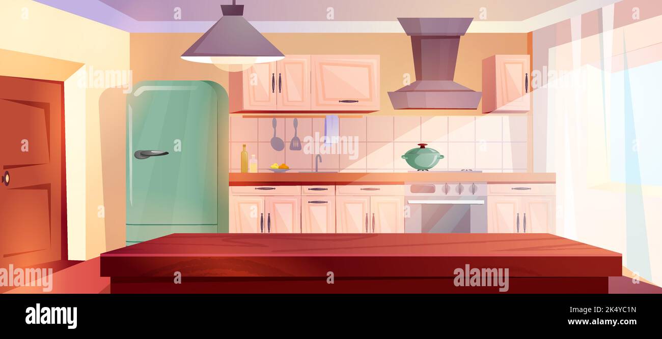 Cartoon retro kitchen interior with wooden table, furniture and range hood. Home cooking room with stove, fridge and counter. Empty apartment inside with door and window illuminated with sunlight. Stock Vector