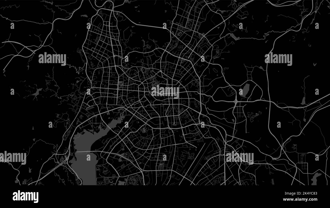 Dark black Kunming city area vector background map, roads and water illustration. Widescreen proportion, digital flat design roadmap. Stock Vector