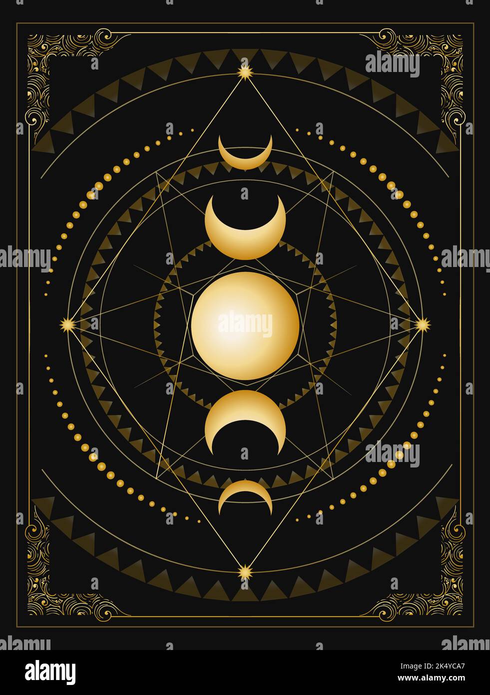 Phases of Moon and Sacred Geometry. Esoteric Medieval emblem isolated on Black Background. Stock Vector
