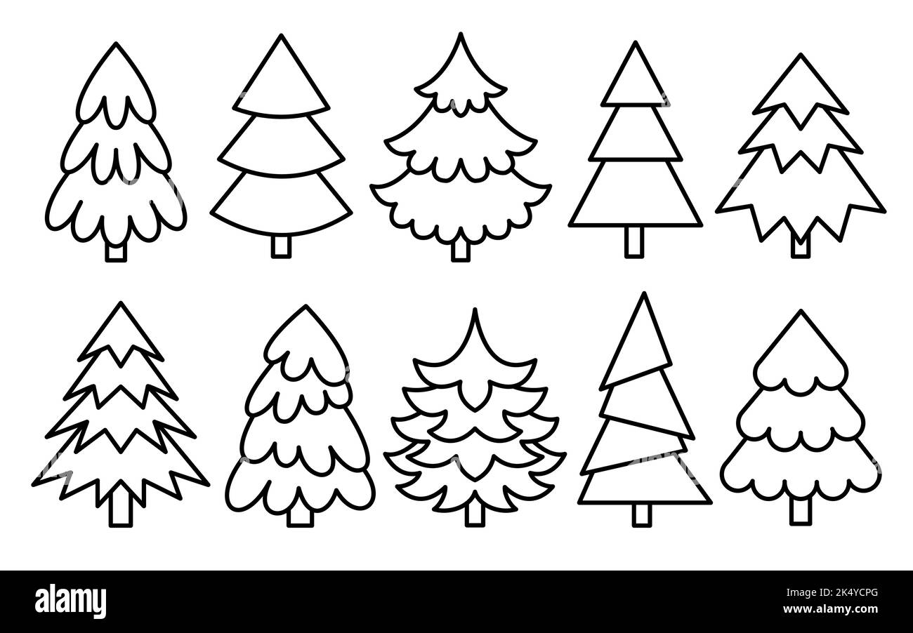 Christmas tree black outline set. Coloring book page evergreen coniferous forest. Sketch pine, doodle spruce, linear fir icon isolated on white. Cartoon xmas symbol. Winter holiday line decoration Stock Vector