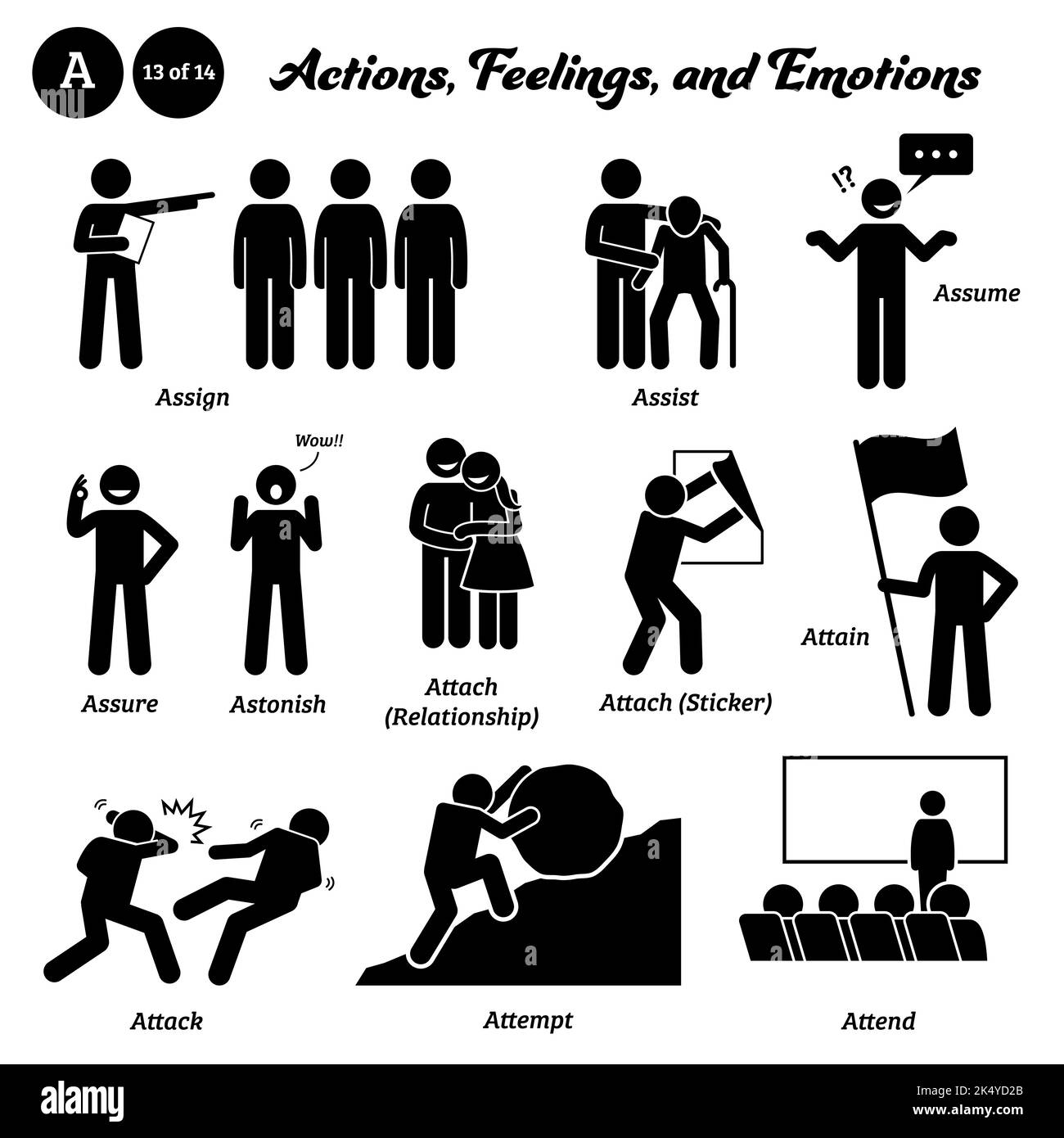 Stick figure human people man action, feelings, and emotions icons starting with alphabet A. Assign, assist, assume, assure, astonish, attach relation Stock Vector