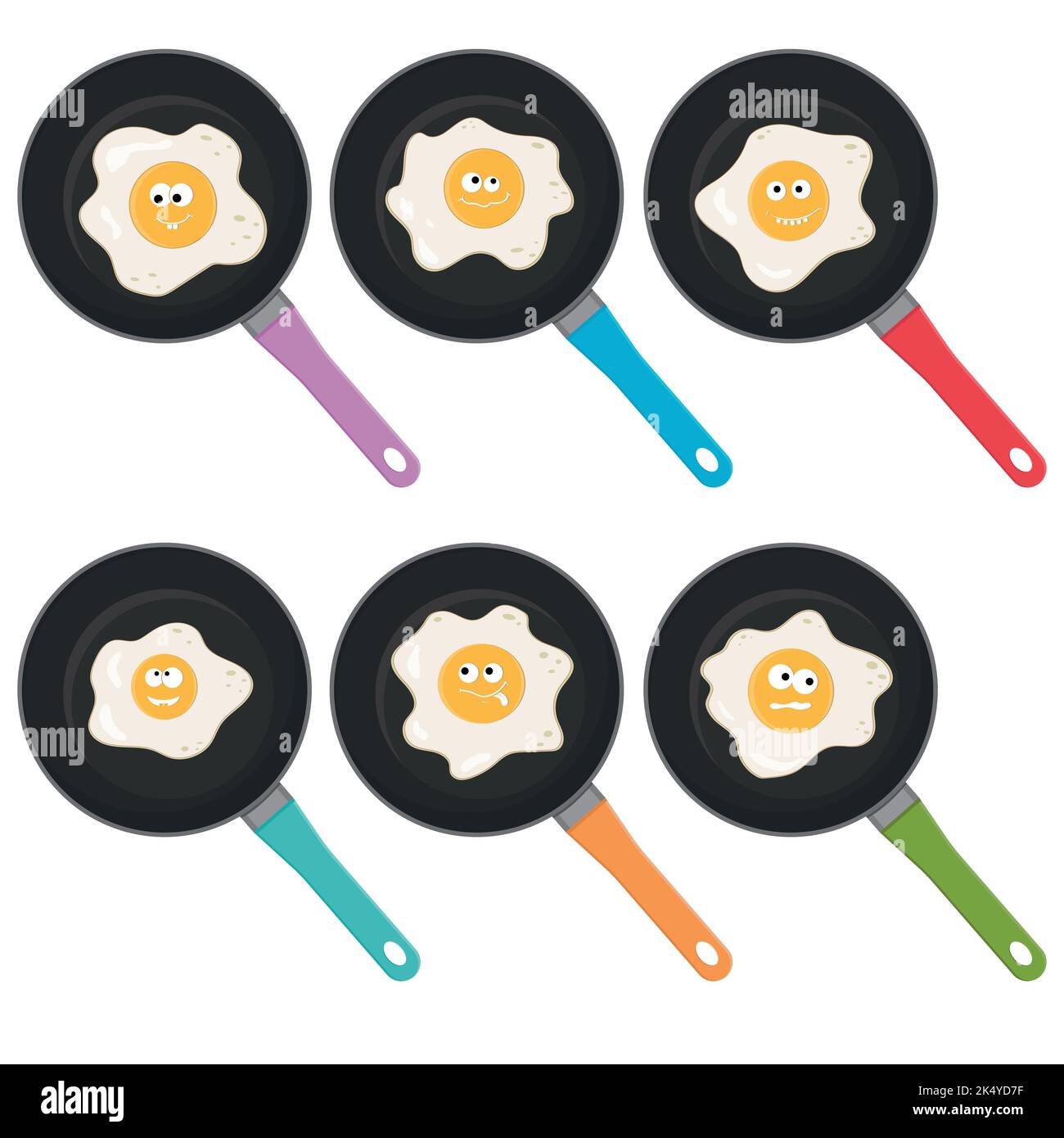 Fried egg character with kawaii eyes in a frying pan, black outline