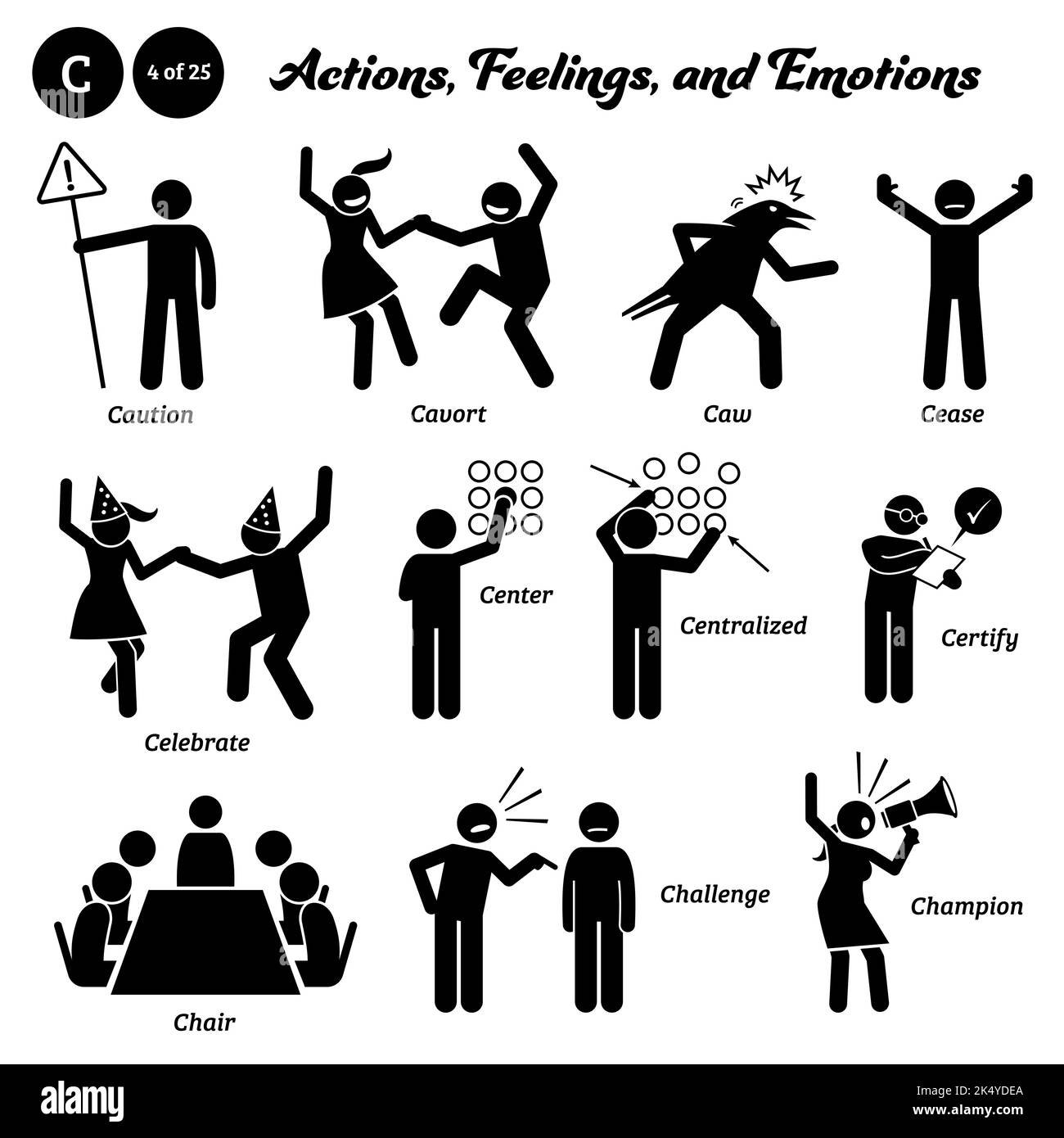 Stick figure human people man action, feelings, and emotions icons starting with alphabet C. Caution, cavort, caw, cease, celebrate, center, centraliz Stock Vector