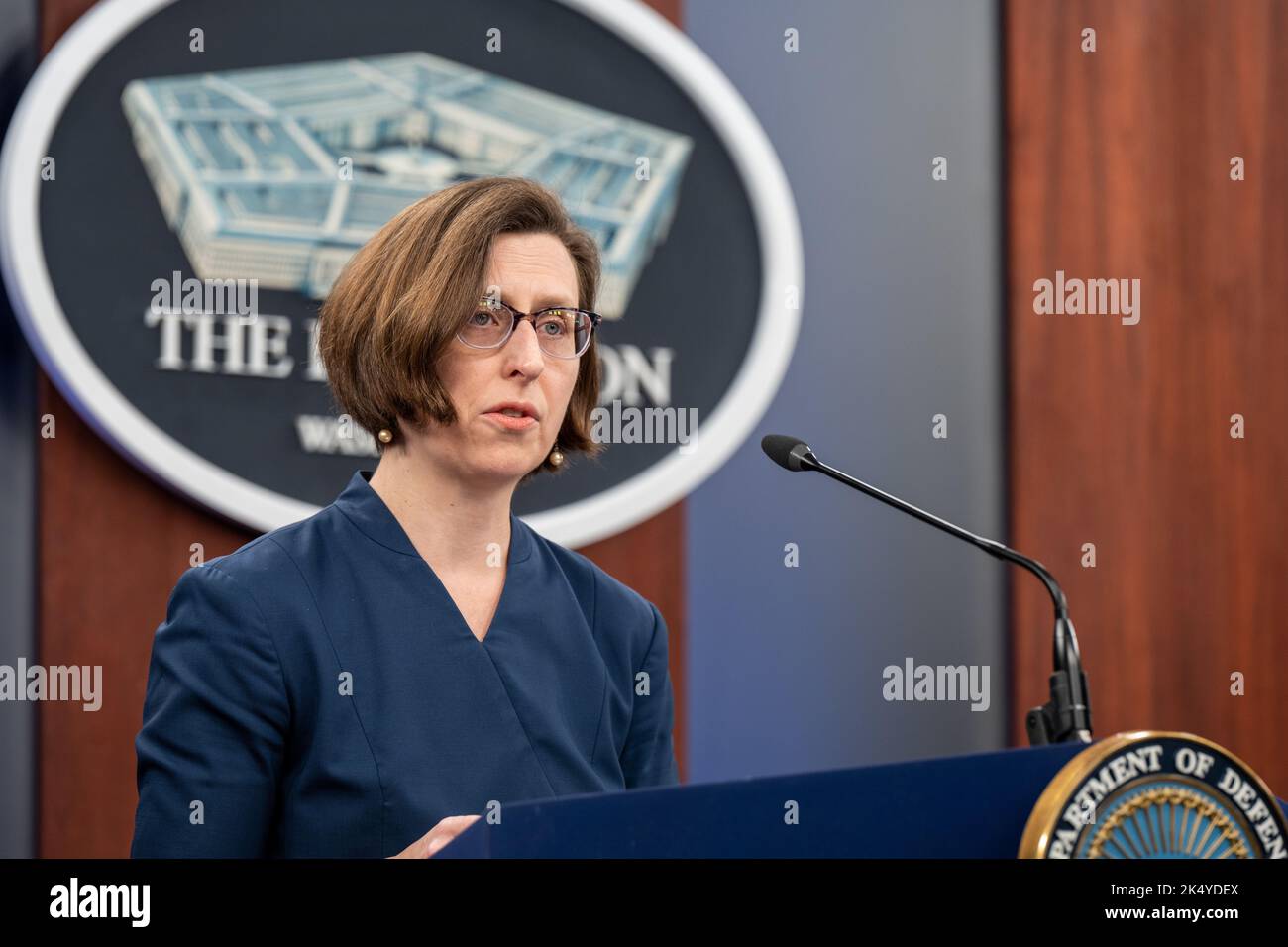 Arlington, United States Of America. 04th Oct, 2022. Arlington, United States of America. 04 October, 2022. U.S. Deputy Assistant to the Secretary of Defense Laura Cooper responds to a question during a press briefing at the Pentagon, October 4, 2022 in Arlington, Virginia. Cooper discussed the $625 million in additional security assistance for Ukraine including four new High Mobility Artillery Rocket Systems and Excalibur precision-guided rounds. Credit: TSgt. jack Sanders/DOD/Alamy Live News Stock Photo
