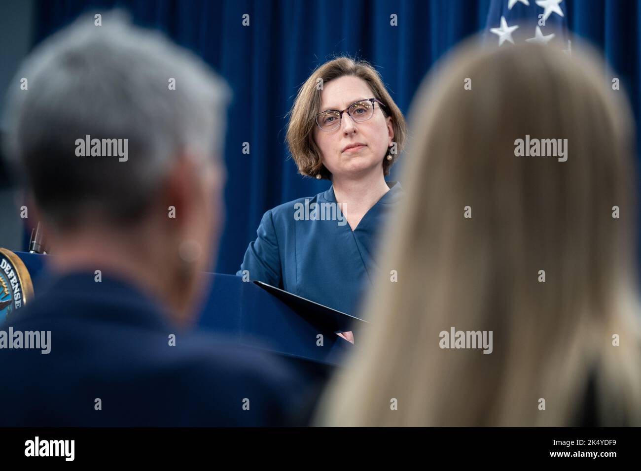 Arlington, United States Of America. 04th Oct, 2022. Arlington, United States of America. 04 October, 2022. U.S. Deputy Assistant to the Secretary of Defense Laura Cooper listens to a question during a press briefing at the Pentagon, October 4, 2022 in Arlington, Virginia. Cooper discussed the $625 million in additional security assistance for Ukraine including four new High Mobility Artillery Rocket Systems and Excalibur precision-guided rounds. Credit: TSgt. jack Sanders/DOD/Alamy Live News Stock Photo
