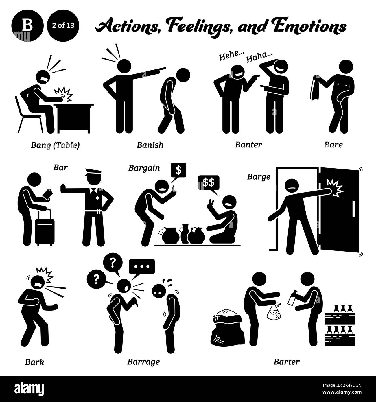 Stick figure human people man action, feelings, and emotions icons starting with alphabet B. Bang table, banish, banter, bare, bar, bargain, barge, ba Stock Vector