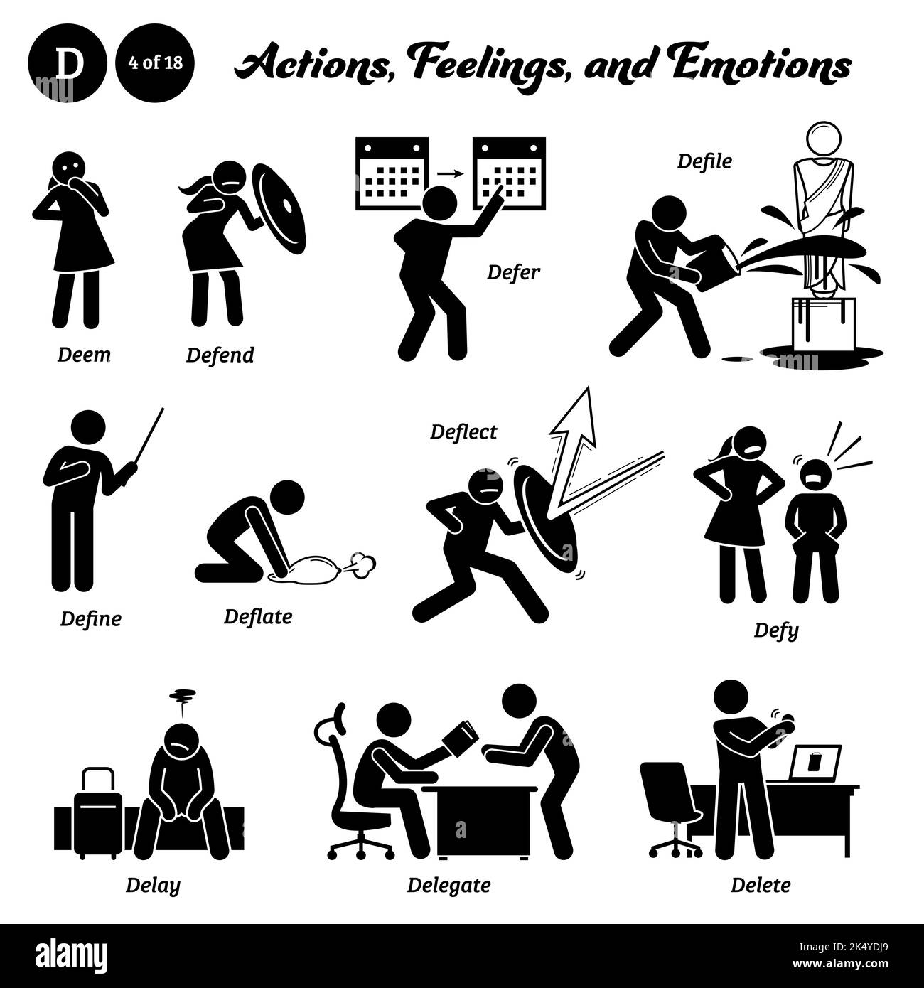 Stick figure human people man action, feelings, and emotions icons alphabet D. Deem, defend, defer, defile, define, deflate, deflect, defy, delay, del Stock Vector