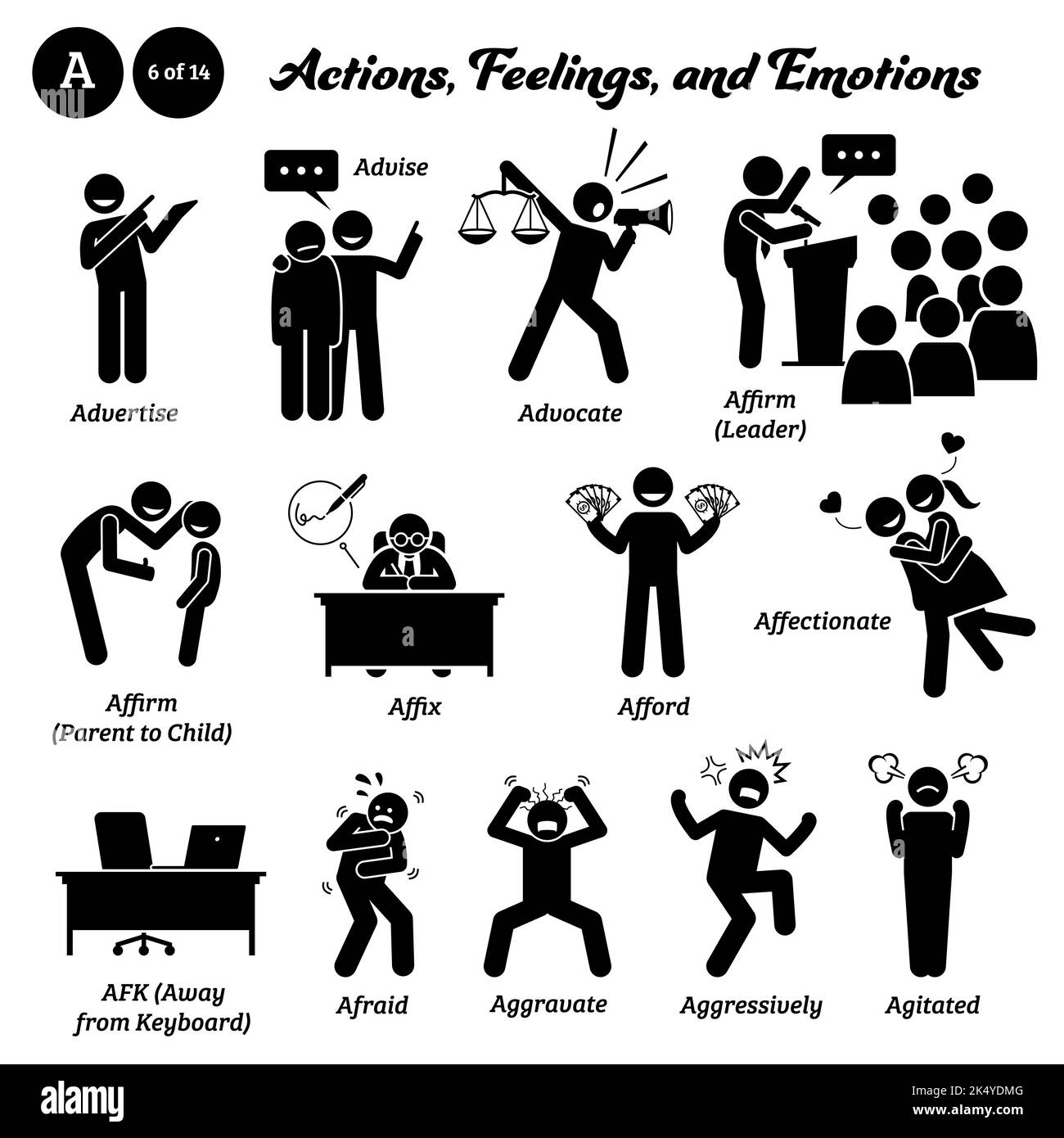 Stick figure human people man action, feelings, and emotions icons starting with alphabet A. Advertise, advise, advocate, affirm, affix sign, afford, Stock Vector