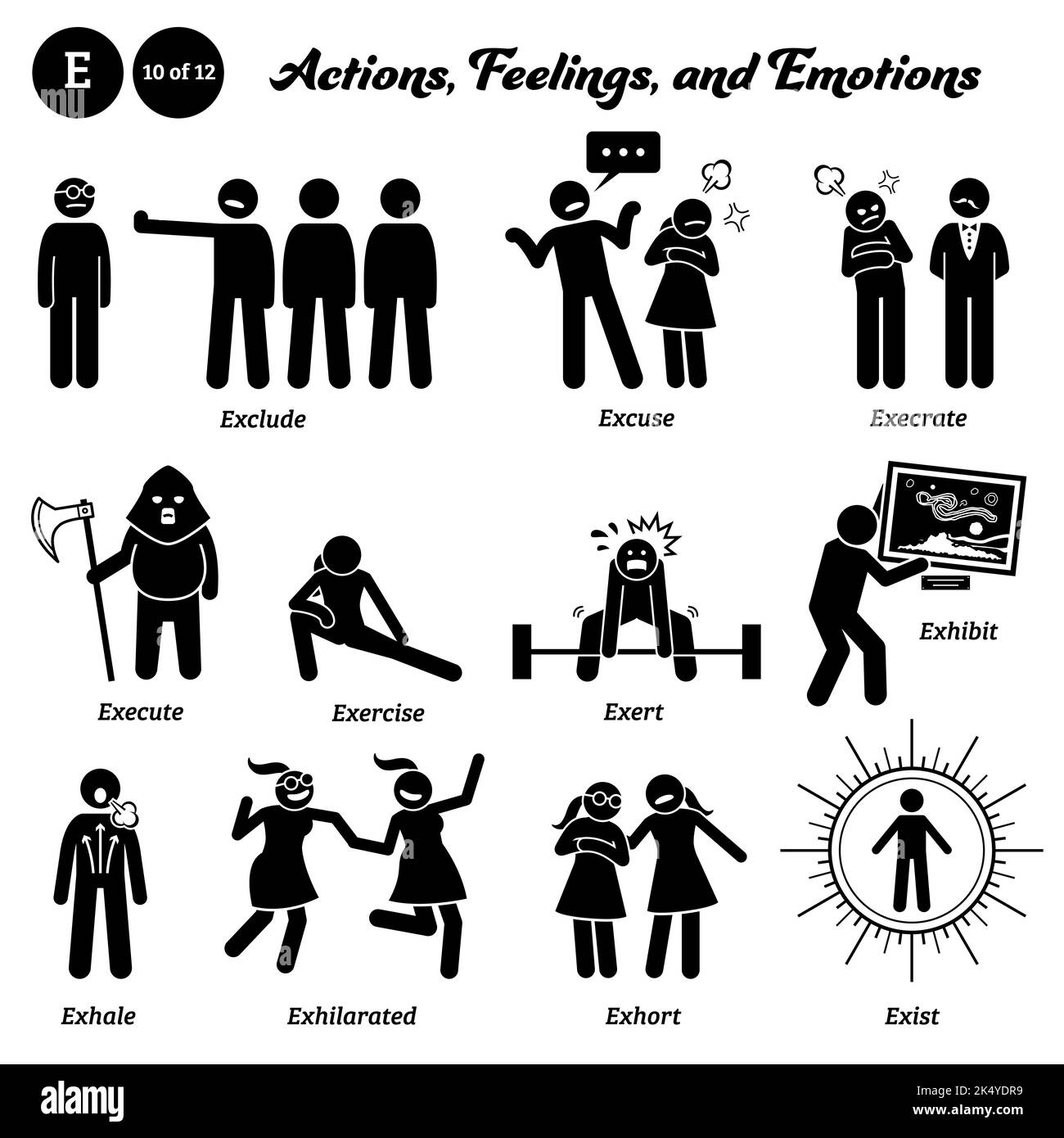 Stick figure human people man action, feelings, and emotions icons alphabet E. Exclude, excuse, execrate, execute, exert, exhibit, exhale, exhilarated Stock Vector