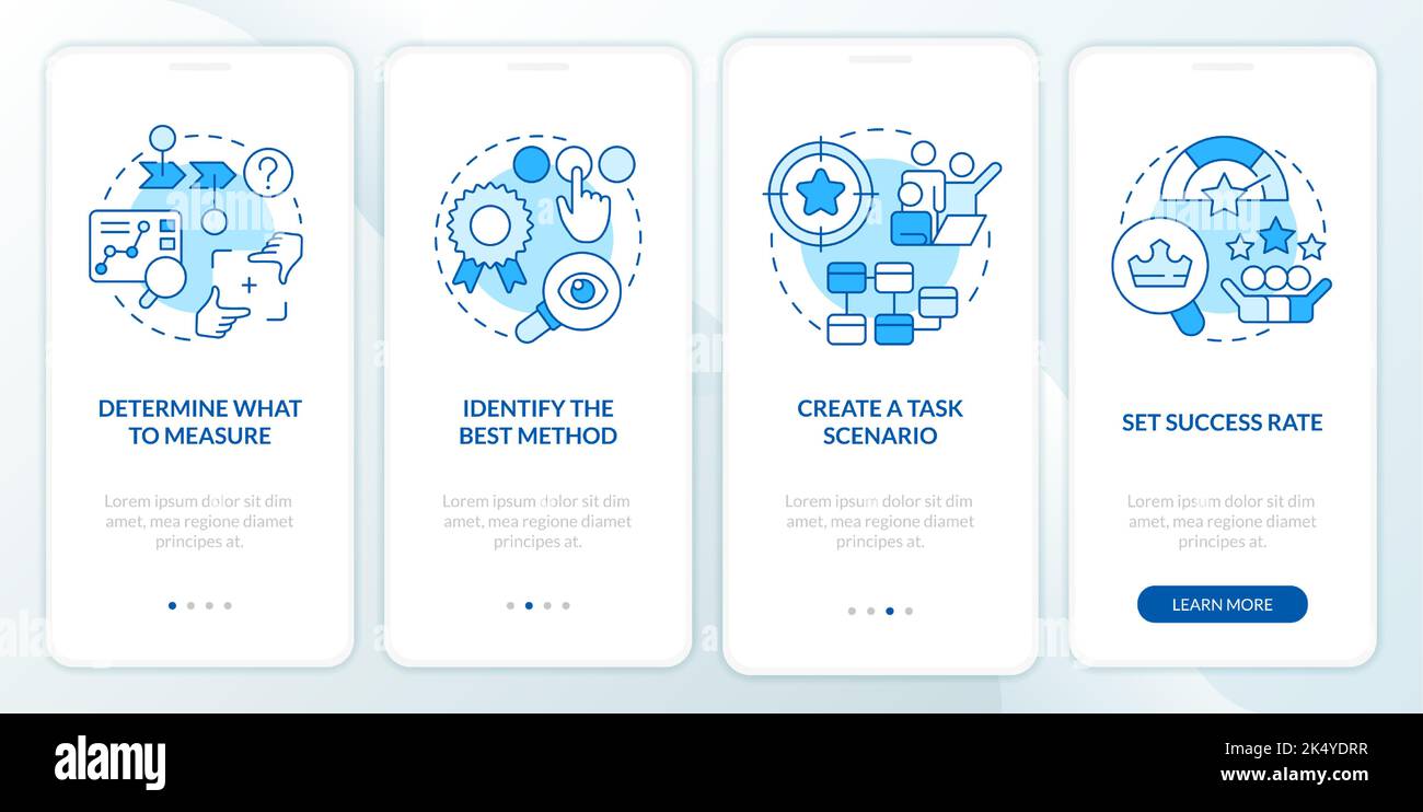 Usability testing strategy blue onboarding mobile app screen Stock Vector