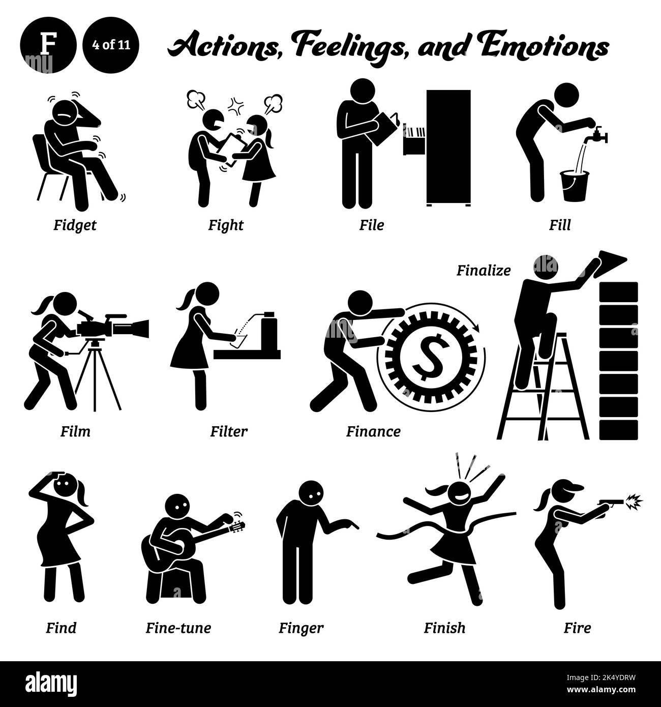 Stick figure human people man action, feelings, and emotions icons alphabet F. Fidget, fight, file, fill, film, filter, finance, finalize, find, fine Stock Vector