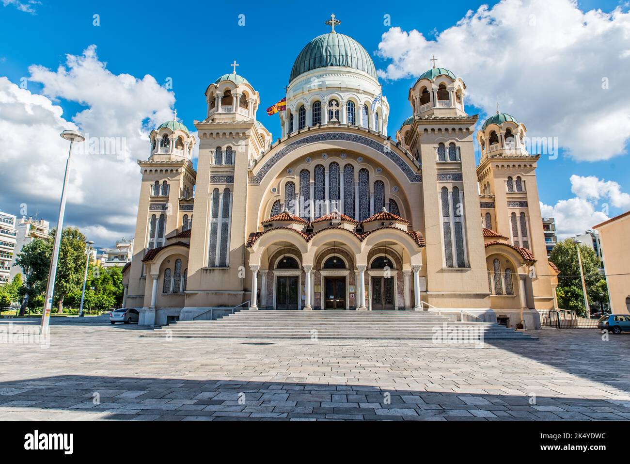 Agios Andreas the landmark church and the metropolis of Patras on a beautiful day with perfect sky color and few clouds, Achaia, Peloponnese, Greece Stock Photo