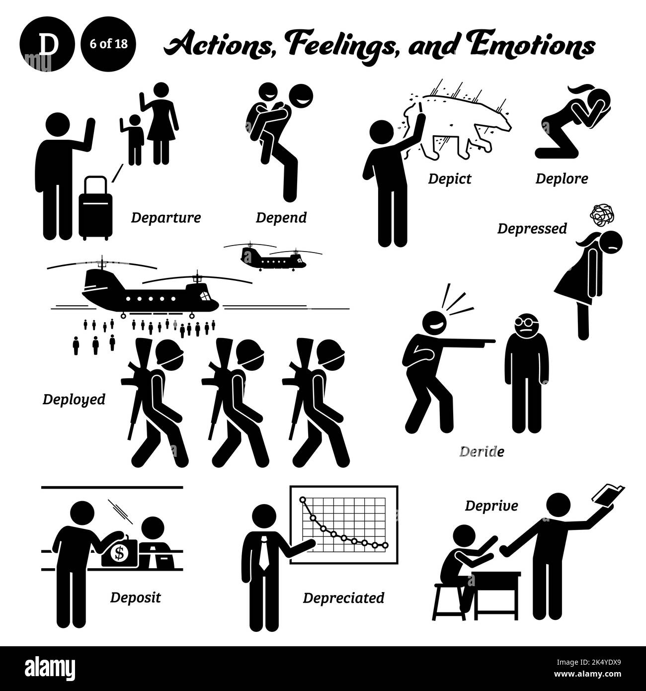 Stick figure human people man action, feelings, and emotions icons alphabet D. Departure, depend, depict, deplore, deployed, deride, depressed, deposi Stock Vector